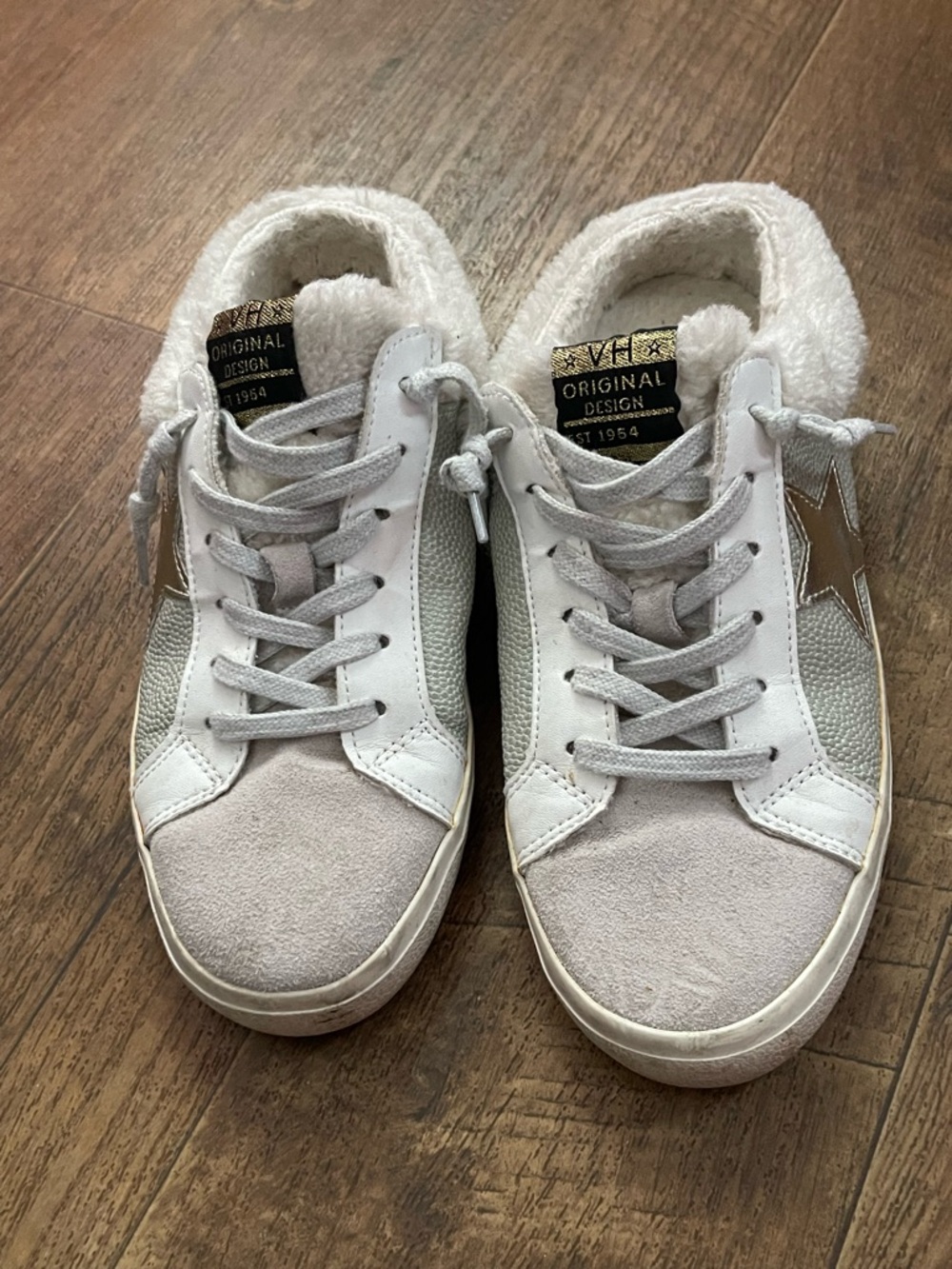 Vintage Havana White Suede & Leather Star Slip On Mule Sneakers with Faux Fur